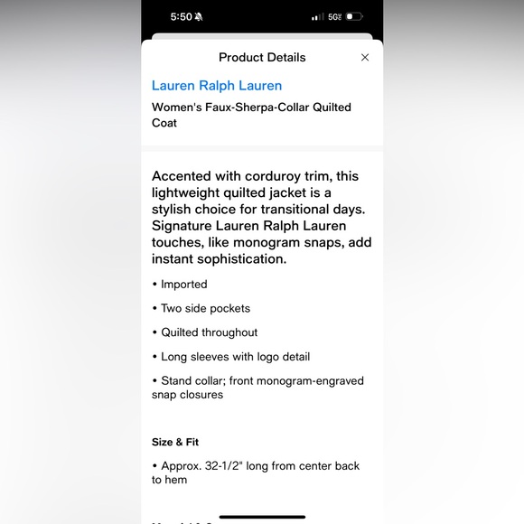 Ralph Lauren Faux Sherpa quilted coat from Macys size medium - Picture 7 of 7